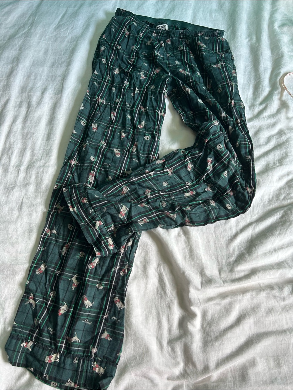 PINK Victoria's Secret Dark Green Plaid Holiday PJ Pants